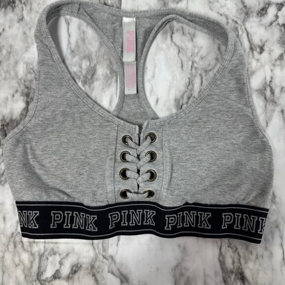 PINK Sports Bra Womens Small Gray Lace Up Front Racerback Stretch Cotton - Picture 1 of 4